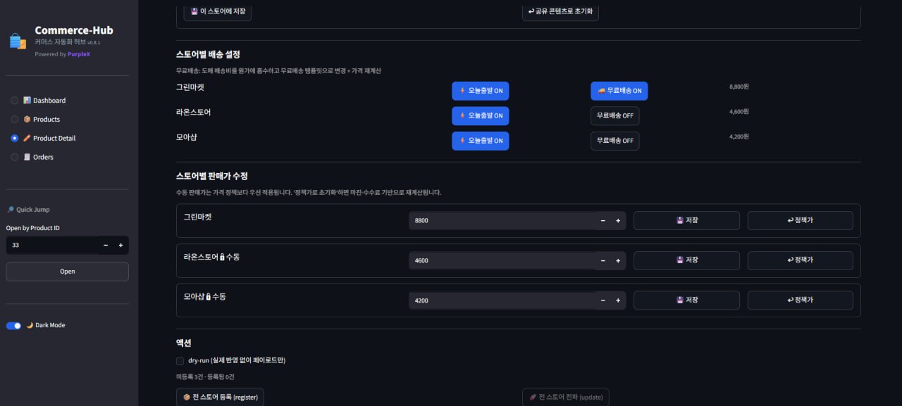 Commerce-Hub에서 스토어별 오늘출발, 무료배송, 판매가를 설정하는 화면